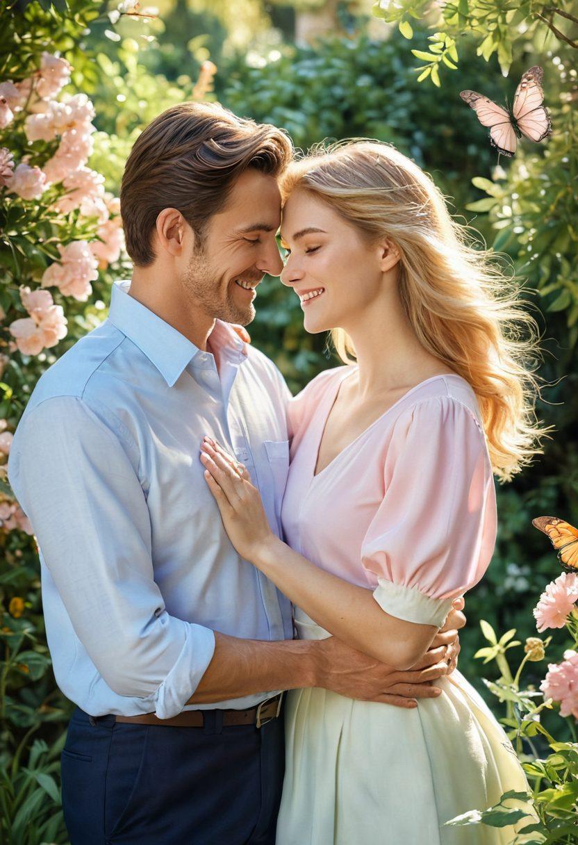 A gentle scene of a couple sharing a tender moment in a sunlit garden, surrounded by blooming flowers and soft greenery. The man holds the woman’s hand, both smiling warmly, as colorful butterflies flutter around them. The atmosphere is filled with soft pastel hues to convey romance and tranquility, capturing the essence of emotional connection and well-being. super-realistic. warm pastel colors. natural light.