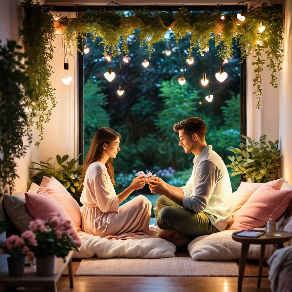 A cozy scene with two people sharing an intimate moment, surrounded by soft, warm lighting and gentle pastel hues. Incorporate elements of nature like blooming flowers and lush greenery to emphasize connection and tranquility. Include symbols of romance, such as heart-shaped lights or intertwined hands. The atmosphere should evoke feelings of love, warmth, and holistic well-being. super-realistic. vibrant colors. soft focus.