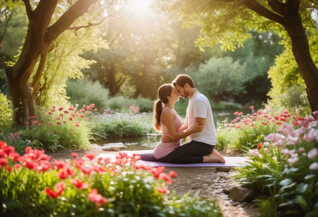 A serene scene depicting a couple in a tranquil garden, surrounded by vibrant flowers symbolizing devotion and passion. The couple shares a moment of connection while practicing yoga together, embodying holistic wellness. Soft sunlight filters through the trees, creating a warm and peaceful atmosphere. Include elements like heart shapes in the flowers and a gentle stream flowing in the background. soft focus. vibrant colors. peaceful ambiance.